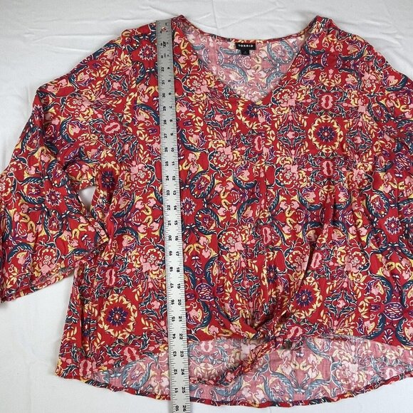 Torrid Womens Sz 3 3X Red Paisley Lenny Tie Front Bell Sleeve‎ V-Neck Boho Slub - Picture 5 of 15